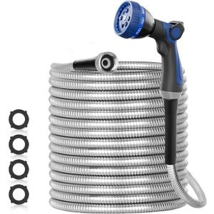 100ft 304 Stainless Steel Garden Hose Metal, Heavy Duty Water Pipe with Nozzles for Yard, Outdoor - Flexible, Never Kink & Tangle, Puncture Resistant (Sliver)