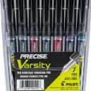 PILOT Pen 90029 Precise Varsity Pre-Filled Fountain Pens, Medium Point Stainless Steel Nib, Black/Blue/Red/Pink/Green/Purple/Turquoise, 7-Pack Pouch
