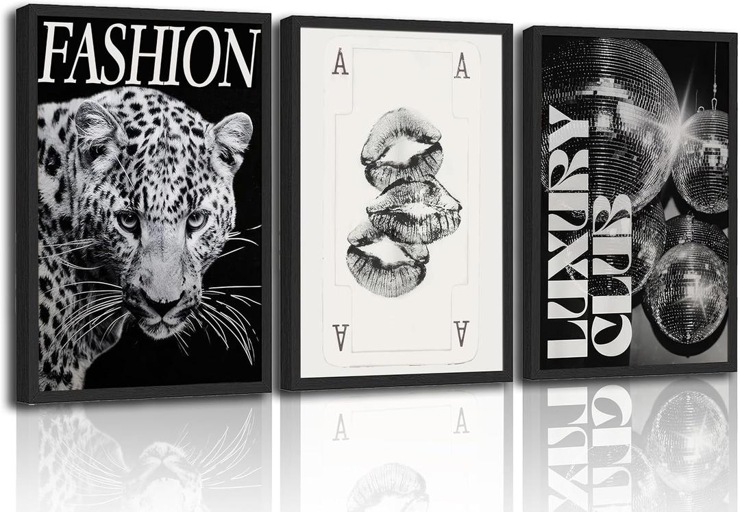 Black and White Trendy Leopard Preppy Wall Art Funky Black Cheetah Picture Wall Decor Luxury Club Fashion Disco Ball Ace of Spades Painting Aesthetic Poster Print Artwork for Living Room Bedroom