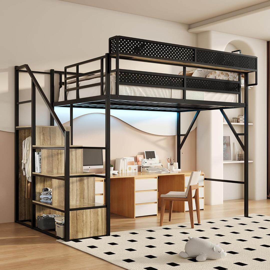 Full Size Metal Loft Bed with Storage Shelf Built-in USB Port, Heavy Duty Loft Bed w/Storage Stairs & Wardrobe+ LED Lights for Bedroom, Large Under-Bed Area, Noise Free, No Box Spring Needed (Black+nature)