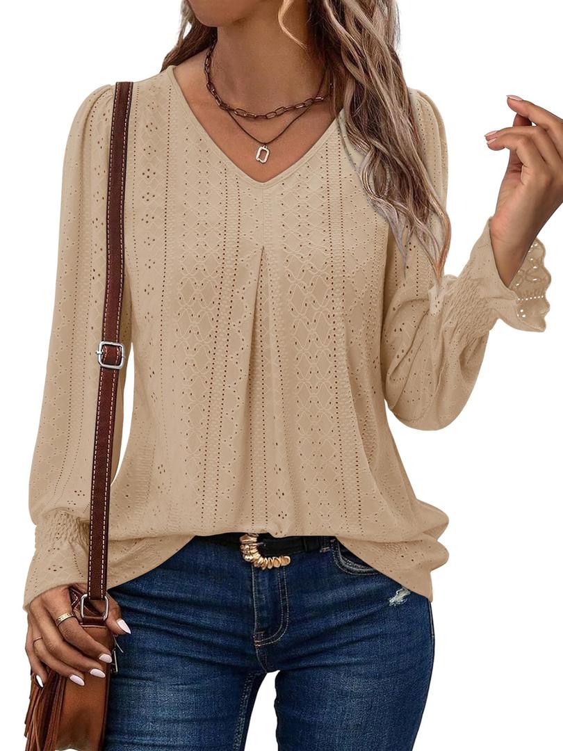 KISSMODA Long Sleeve Shirts For Women Fall Fashion 2025 Trendy Mesh Long Sleeve Tops Trendy Fall Outfits Blusas De Mujer De Moda En Oferta Mesh Top Puff Sleeve Blouse Apricot colored L (L)