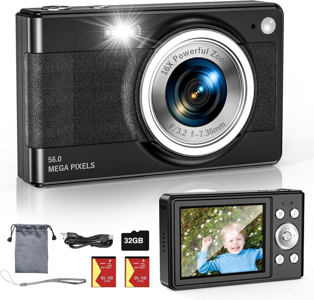 Upgrade Digital Camera, 56MP FHD 1080P Camera for Kids with 16x Zoom Anti Shake, Kid Camera with 32GB TF Card, Two Batteries, Lanyard, Compact Small for Kids Boys GirlsBlack