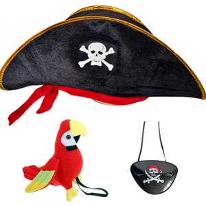 3Pcs Pirate Hat & Stuffed Shoulder Parrot & Eye Patches, Pirates Costume Accessories Skull Print Patch for Woman Men Adults for Halloween School Shows and Cosplay Props