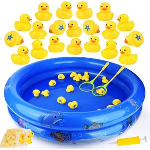 Duck Matching Game Toys for Kids - 20 Plastic Ducks with Numbers,34" x 7" Kiddie Pool | Storage Bag, 2 Nets - Fun Memory Games - Water Outdoor Game for Children,Preschoolers,Birthday Party Carnival