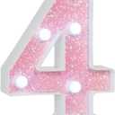 Pink Glitter Marquee Light Up Numbers, LED Number Lights Battery Operated for Girls 4th 14th Pink Birthday Party Table Decorations, Wall Decor for Girls Bedroom, Number 4 Sign Cool White Lights