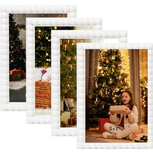 5x7 Picture Frame Set of 4, White Beaded Photo Frames Display Pictures 5x7 without Mat, Multi Photo Frames Collage for Wall or Tabletop Decor