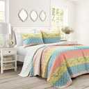 Lush Decor Royal Empire Reversible Cotton Quilt Set - 3 Piece Striped Bedding Set - Bold & Colorful Bohemian Patterns - Soft Cotton Feel - Full/ Queen, Blue and Coral