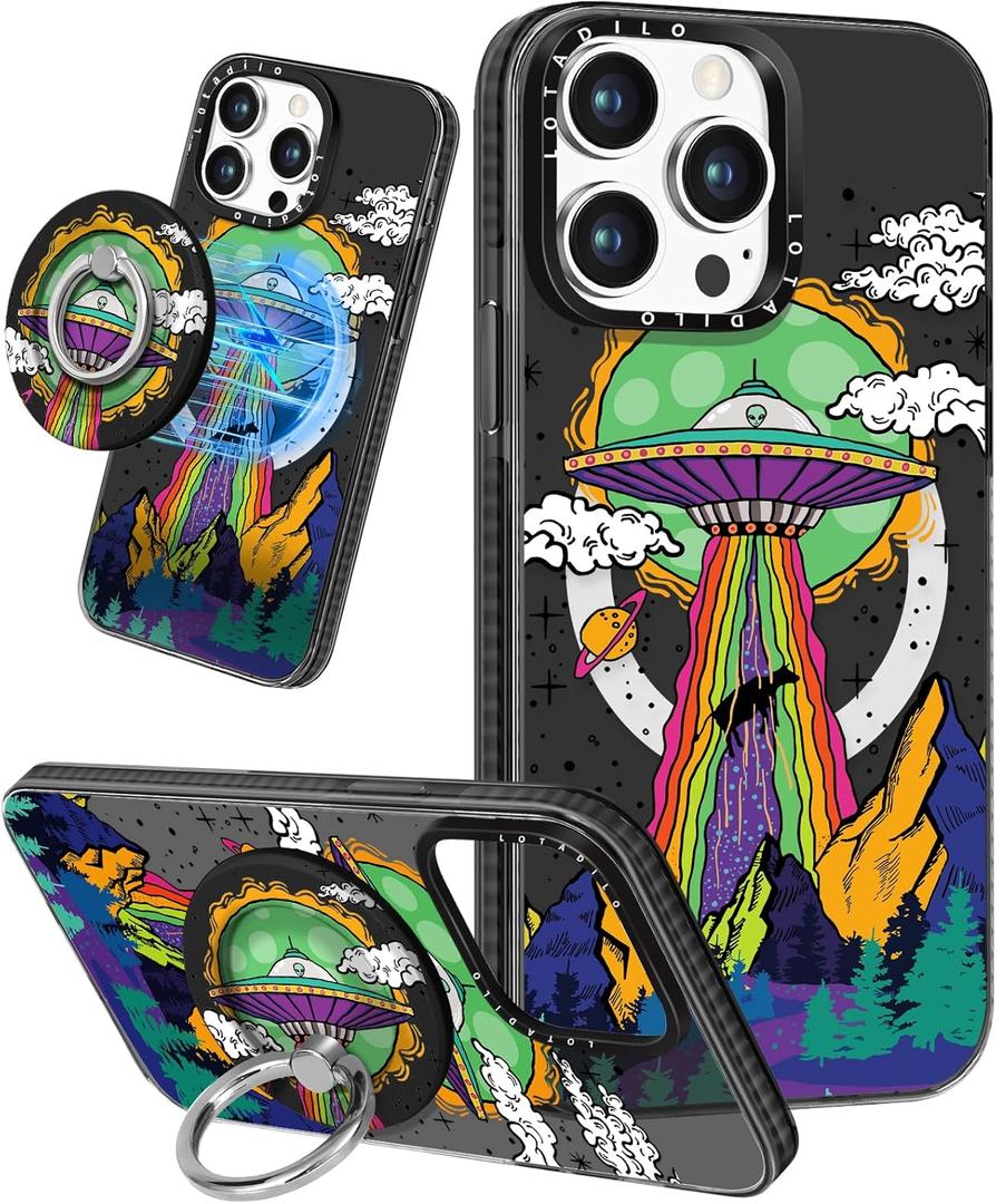 for iPhone 13 Pro Max Case for Women Girls - Cute Design Compatible with Magsafe Magnetic Ring Holder Stand UFO Alien Aesthetic Pattern TPU Phone Covers for iPhone 13 Pro Max Phone Case