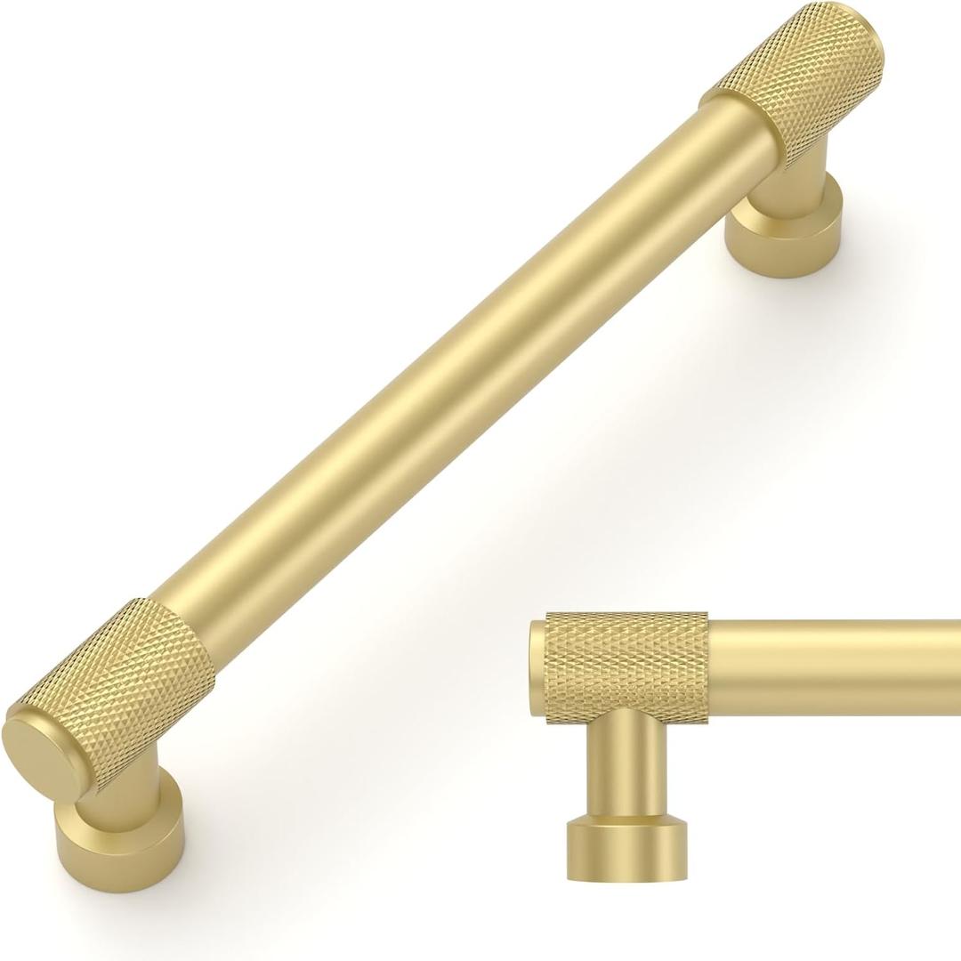 Amerdeco 10 Pack Brushed Gold Knurled Cabinet Pulls 5 Inch(128mm) Hole Center Kitchen Cabinet Handles Drawer Pulls Cabinet Hardware ZH0034