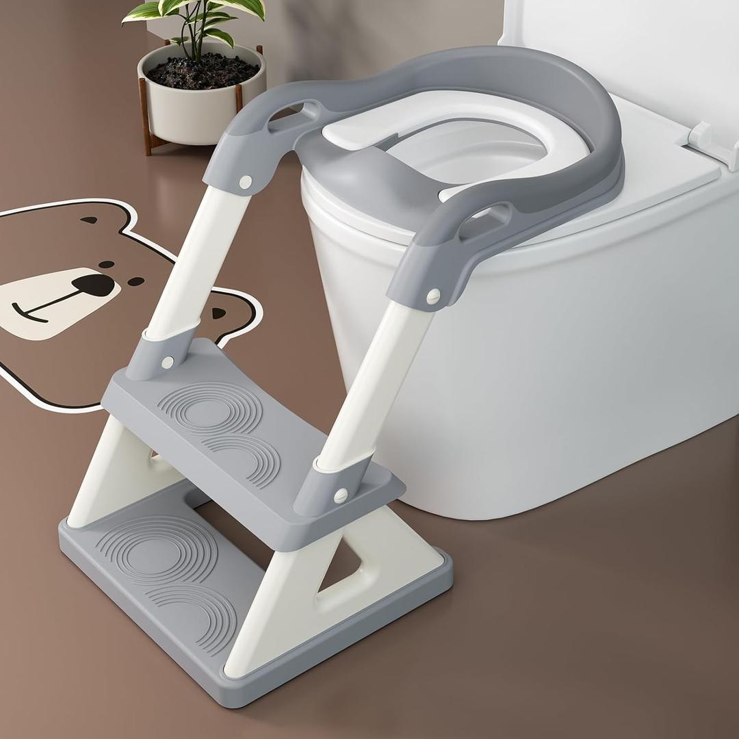 Potty Training Seat with Step Stool Ladder, Upgrade Triangular Stabilized Base 2-IN-1 Toddler Toilet Seat with Splash Guard, Anti-Slip Pad, and Step Stool (Agate Grey) (The Most stable triangle style-A1)