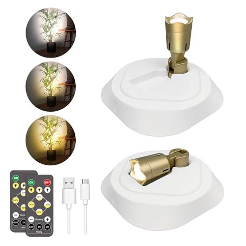 LEASTYLE LED Wireless Spotlights with Remote Rechargeable Up Lights Indoor with 3000K/4000K/6000K Battery Operated Lights with Timer Dimmable Accent Light Uplighting for Plant,White+Gold,2 Pack