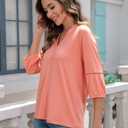 3/4 Length Sleeve Womens Tops Dressy Casual Blouses for Women 2025 Henley V Neck Shirts Loose Fit Tunic Tops (Pink, L)