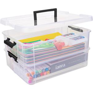 2 Layer Plastic Storage Containers with Lids, Multipurpose Clear Stack & Carry Box, Portable Craft Organizers and Storage Bin for Organizing Art & Craft, Sewing, Makeup, Nail Supplies (Black)
