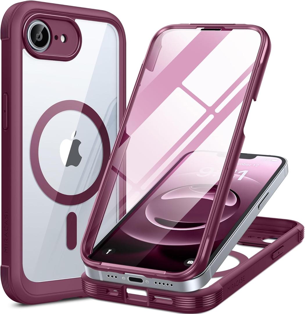 Miracase Magnetic for iPhone 16e Case Full-Body Phone with Built-in Glass Screen Protector, [Compatible with MagSafe] Military Drop Proof 16E Cover Bumper 6.1 inch, Plum