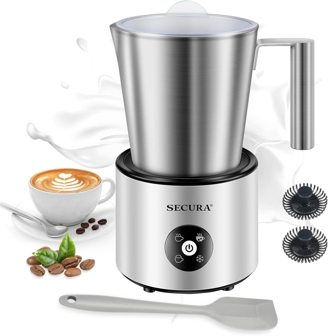 Secura 4-in-1 Automatic Milk Frother, 17oz Teflon-Free Stainless Steel Jug, Hot/Cold Foam Maker & Milk Warmer for Latte, Cappuccino, Macchiato, Hot Chocolate, Includes Silicone Spatula & 2 Whisks