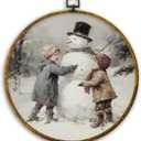 CUANFDDSF Vintage Christmas Snowman Round Wall Art, Rustic Winter Kids Snowman Framed Hanging Wall Decor, Cozy Winter Canvas Prints Decorations for Gallery Home Bedroom Living Room, 10x10 Inch (Colour 34)