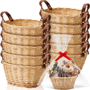 Sintuff 10 Pcs Small Wicker Basket for Gifts, Empty to Fill Chocolate Nuts Cookies Fruits with Handle, Clear Cellophane Wrap Bags and Red Pull Bows for Easter Weddding, Baby Baptisms, Mother's Day