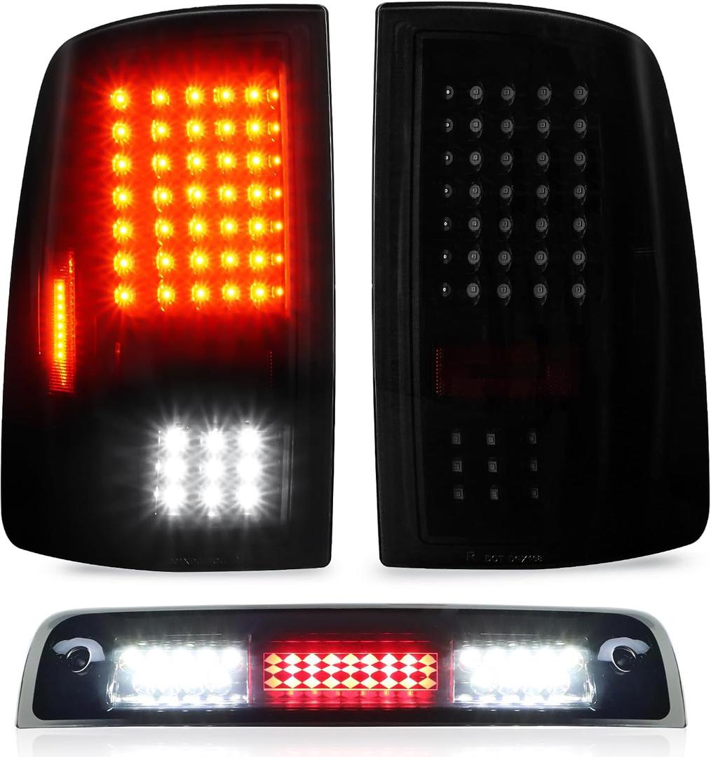 Tail Lights + 3rd Third Brake Cargo Lamp for Dodge Ram 1500 2009-2010, for Dodge Ram 2500 & 3500 2010, for Ram 1500 & 2500 & 3500 2011-2018, Only fit Factory Halogen Model NOT fit LED version (Smoke)