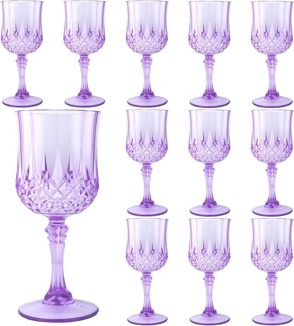 Plastic Wine Glasses, Plastic Goblets Vintage Style Cordial Unbreakable Drinking Glasses, Reusable Drinkware for Wedding Reception, Grand Event Party Supplies (12, Purple)
