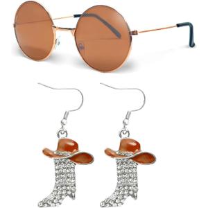 HyperFun Western Cowgirl Boots Earrings Heart Shaped Sunglasses Round Hippie Glasses Cowboy Dangle Earrings Accessories Set