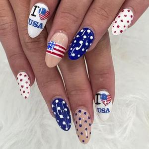 4th of July Polka Dots Press on Nails Almond Medium Fake Nails with American Flag Heart Designs Fourth of July Nails Press ons White Blue False Nails Independence Day Stick on Nails for Women 24Pcs