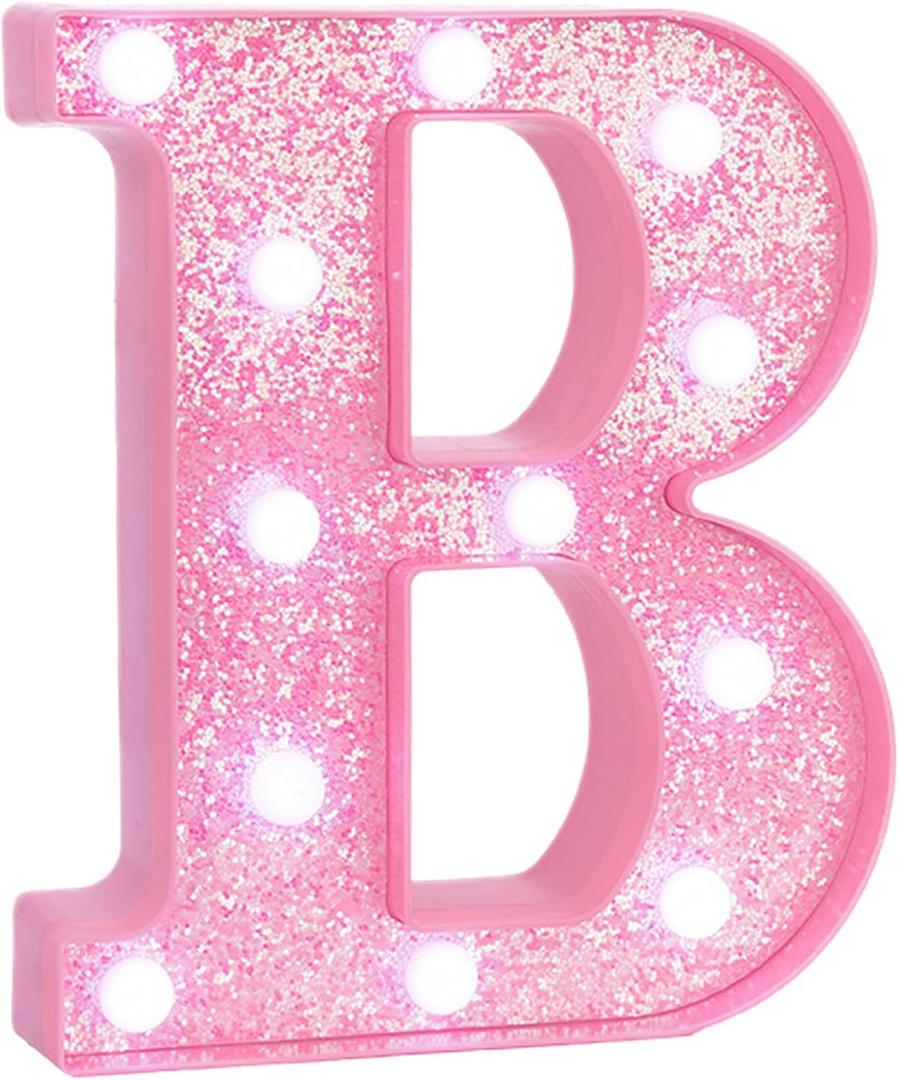 Pink Marquee Light Up Letters, Glitter Alphabet LED Letter Lights for Pink Birthday Party Decorations, Battery Operated Letter Sign for Girls Room Vanity Table Decor, Cool White Lights Letter B