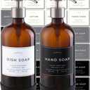 Hand and Dish Soap Dispenser for Kitchen and Bathroom, Set of 2 16 Oz Glass Bottles, Stainless Steel Pumps, Non-Slip Silicone Base, 27 Waterproof Labels (Amber Bottle/Brushed Silver Pump)