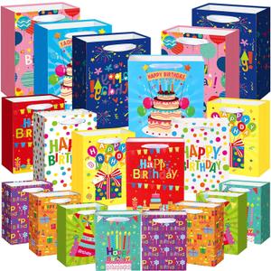 Gilprop 20pcs Birthday Gift Bag with Handle Gift Bags Assorted Sizes and Designs Large, Medium, Small Size for Kids, Boys, Girls, Women and Men' Birthdays Party