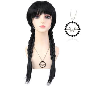 Long Black Braided Wig for Women with Necklace Heat Resistant Synthetic Pigtails Hair Wigs for Adults Halloween Party Cosplay Costume (Adults Wig+Necklace)