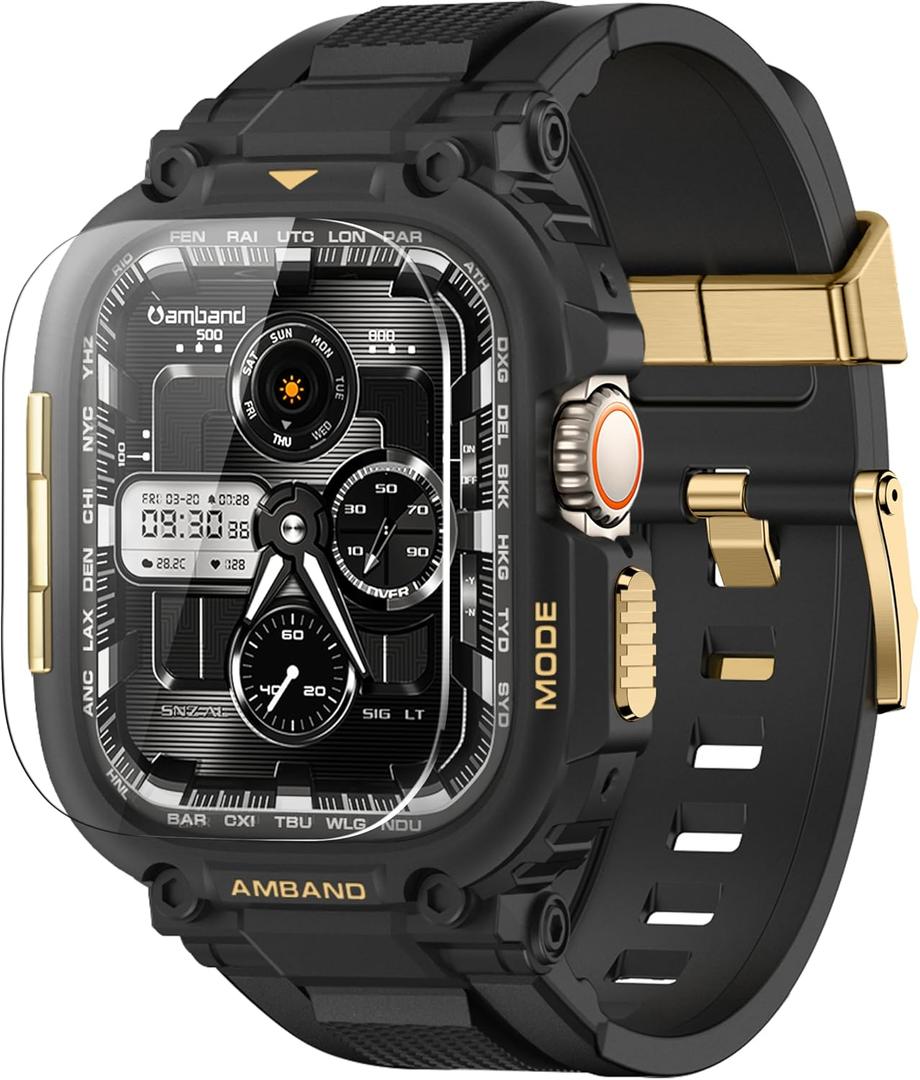 amBand Compatible with Apple Watch Ultra 3/2/1 Bands for Men, M1 Sport Series Heavy Duty Case Tactical Strap and Screen Protector, Protective Cover Fits iWatch Ultra Bands for Men 49mm - Black Gold