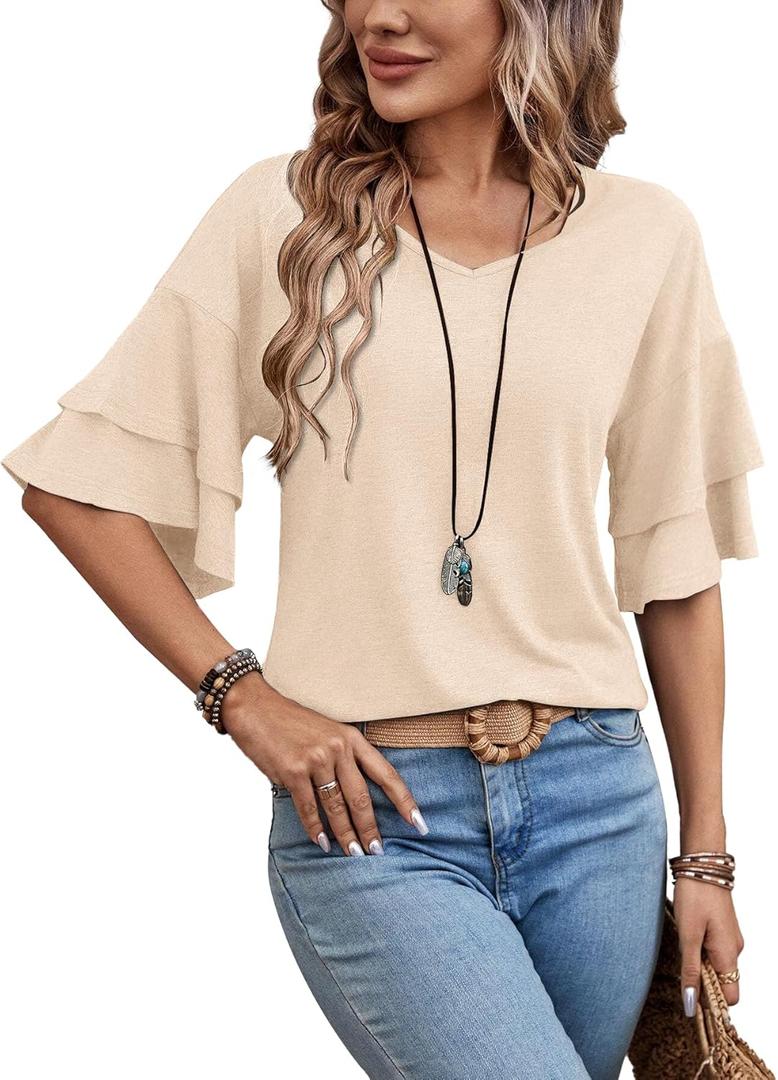Womens Blouses Ruffle Sleeve Top V Neck Shirts Casual Outfit Bell Sleeve Cute Tee Spring Fall Summer Fashion Clothes (Medium, Apricot)