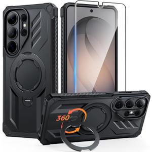 FNTCASE for Samsung Galaxy S26-Ultra Case: [360 Spin Magnetic Ring Kickstand] [Compatible for MagSafe] [Screen Protector] Heavy Duty Military Grade Protection Protective Phone Case with Stand Black