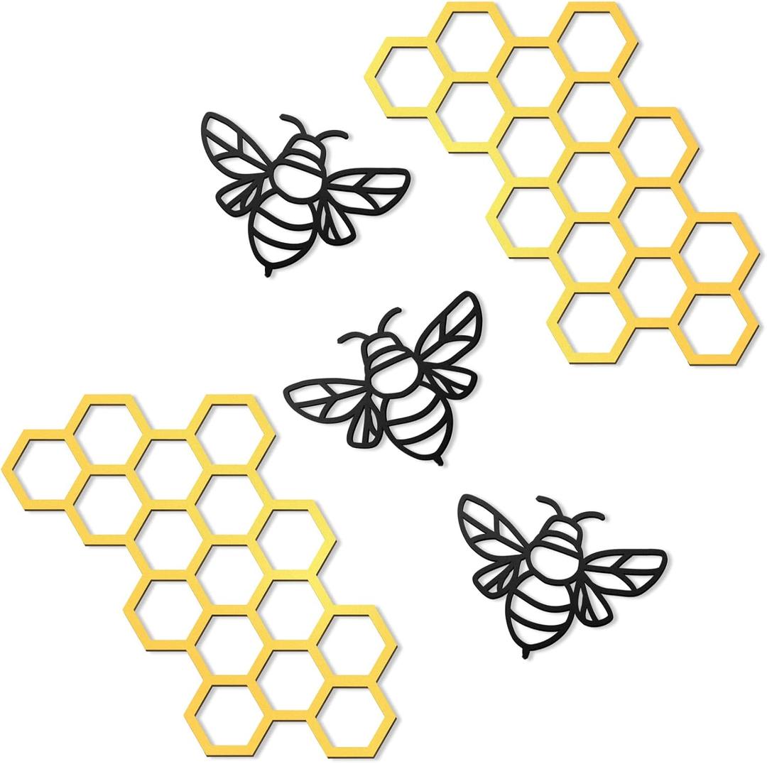 Peryiter 5 Pcs Metal Bee Wall Art Farmhouse Honey Bee Honey Comb Decor Wire Metal Wall Decor Hanging for Living Room Garden Bedroom Office Home (Black, Gold)