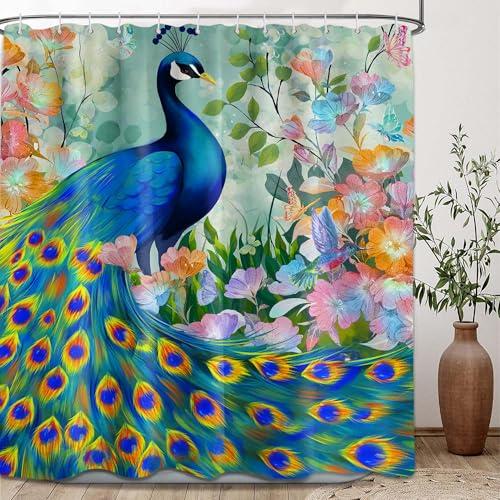 Puuiui Peacock Shower Curtain Feather Asian Chinoiserie Watercolor Floral Art Bathroom Decor, Waterproof Cloth Fabric with Hooks 70x84 inch