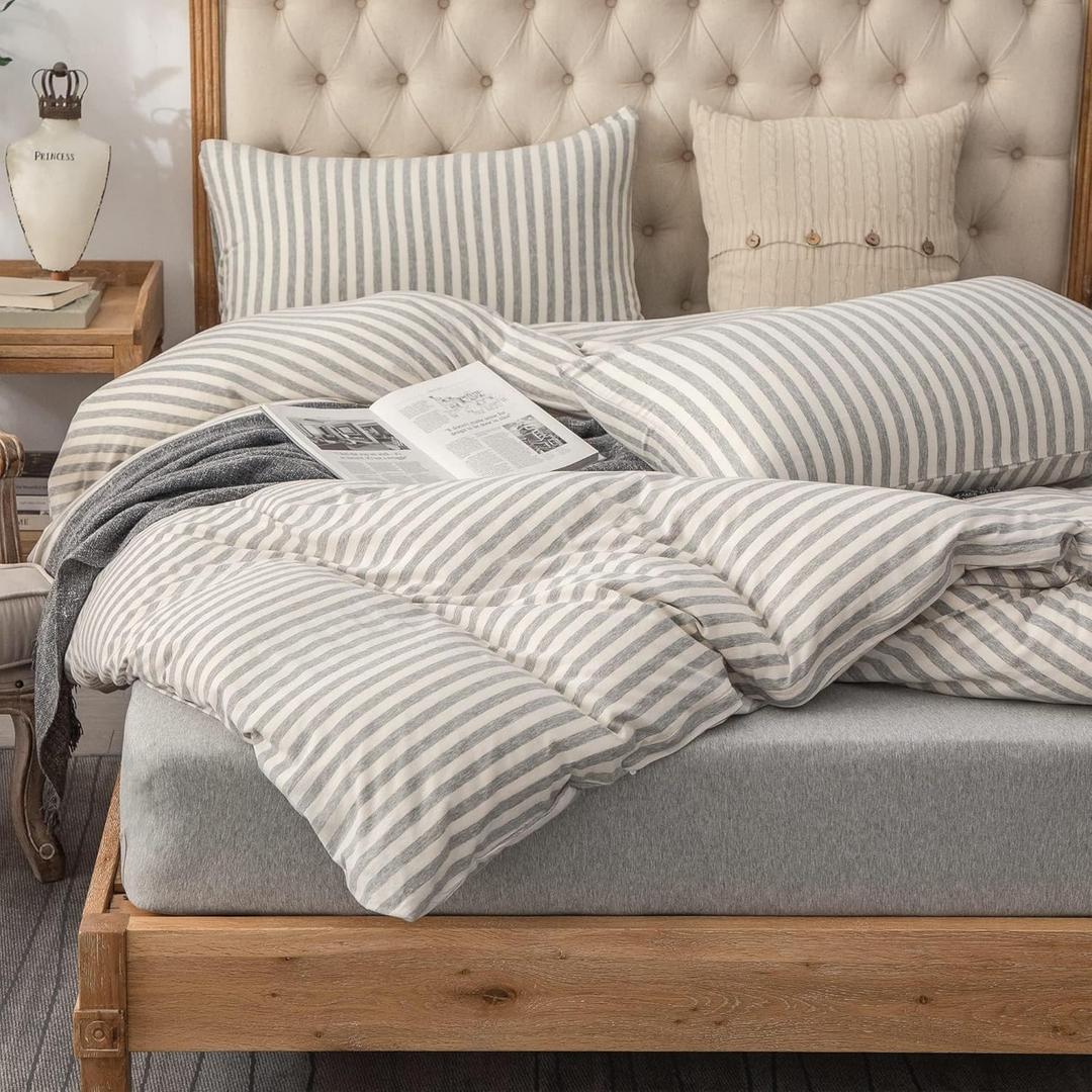 PURE ERA Jersey Knit Duvet Cover Set 100% T-Shirt Heather Cotton Super Soft Comfy Classic Striped with Zipper Closure, Grey & White Stripe, California King