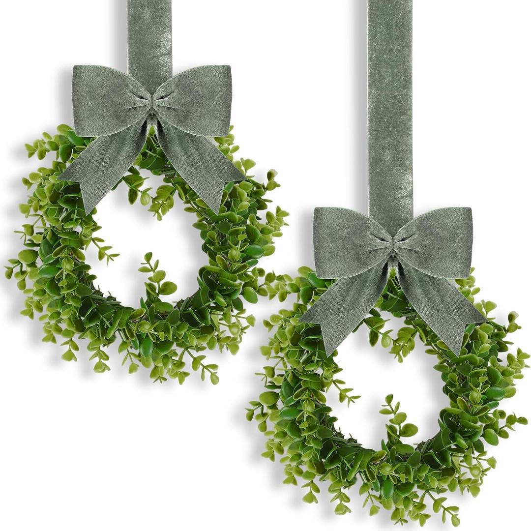 WILLBOND 2 Pcs Christmas Kitchen Cabinet Wreath Boxwood Garland with Ribbon Greenery Garland Hanging Wreaths for Cabinet Wall Window Door Fireplace Party Farmhouse Decor (Green, Velvet)
