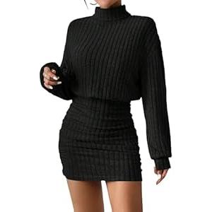 Women's Pullover Sweater Dress Long Lantern Sleeve Turtle Neck Cute Ribbed Knit Bodycon Mini Short Dress 2025 Fall (Black)