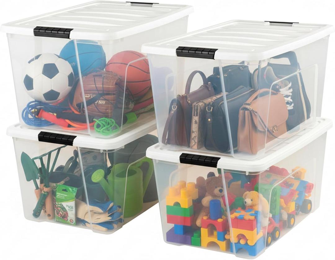 IRIS USA 72 Qt Stackable Plastic Storage Bins with Lids, 4 Pack - BPA-Free, Made in USA - See-Through Organizing Solution, Latches, Durable Nestable Containers, Secure Pull Handle - Clear/White
