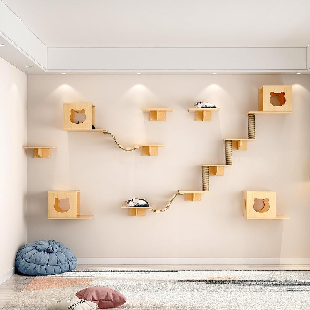 CanormpetCat Wall Shelves and Perches, Solid Wood Wall Mounted Cat Furniture with 4 Cat Condos House, 8 Shelves, 2Ladder, 3 Sisal Cat Scratching Post (C), Large
