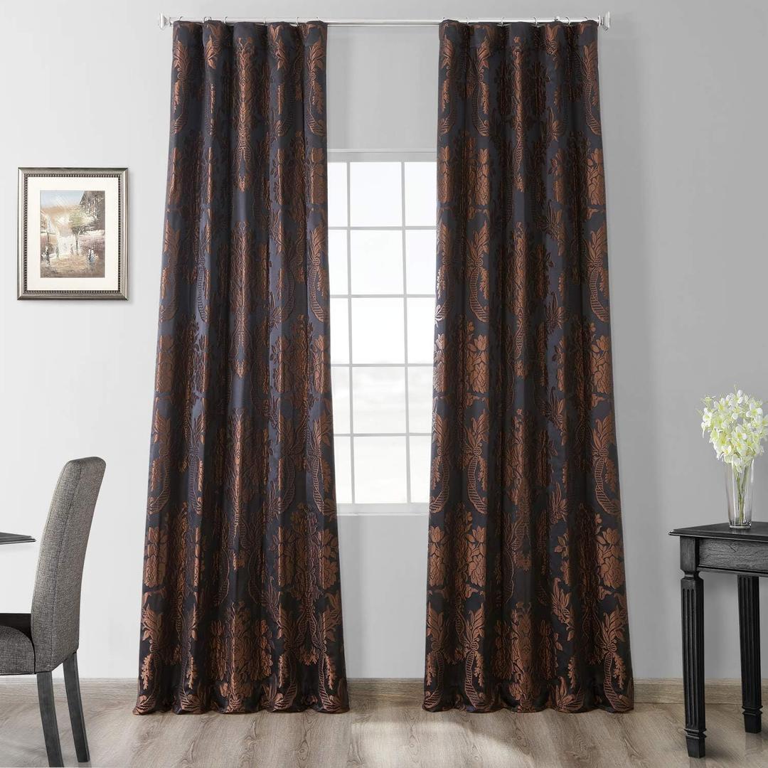 HPD Half Price Drapes Designer Damask Curtains for Room Decoration 96 Inches Long Faux Silk Room Darkening Curtains (1 Panel), 50W x 96L, Black & Cognac