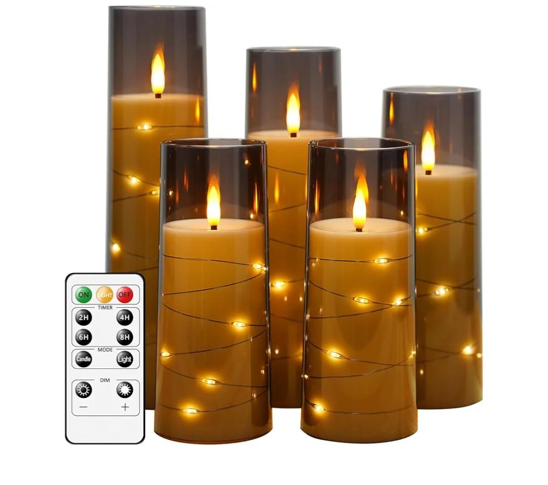 Flameless LED Candles with Timer 5 Pc Flickering Flameless Candles for Romantic Ambiance and Home Decoration Stable Acrylic Shell,with Embedded Star String，Battery Operated Candles, Grey