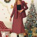 Allegra K Women's Notched Lapel Double Breasted Christmas Work Formal Blazer Jacket Medium Red Green