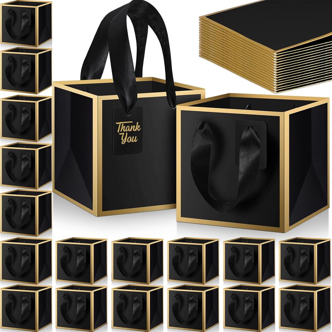 Kolldenn 50 Pcs Mini Metallic Paper Gift Bags with Handle 6 x 6 x 6'' Small Favor Bag with Thank You Tag for Birthday Wedding Bridal Shower Bridesmaid Holiday Party(Black and Gold)