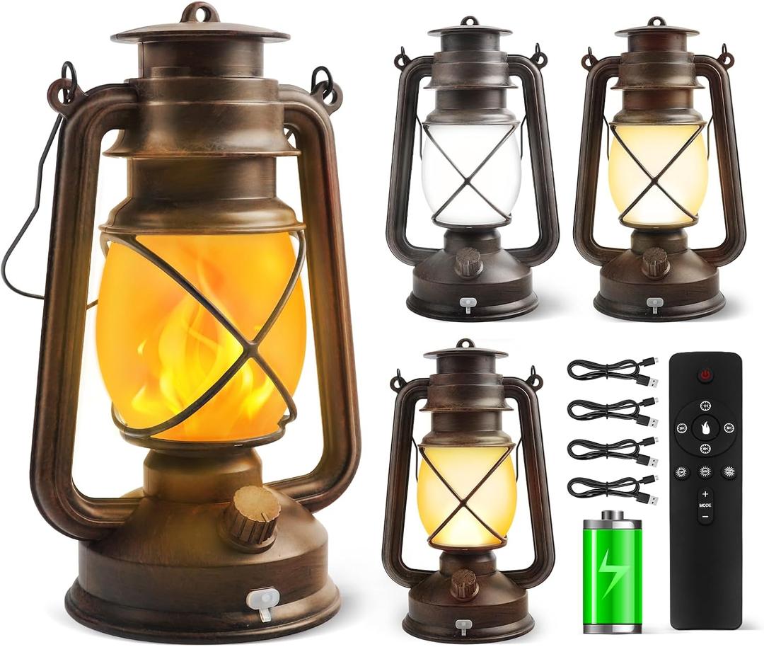 4 Pack Bronze Vintage 4 Modes Light LED Lanterns，Rechargeable Dancing Flame Lanterns Decorative Outdoor&Indoor, Remote Control Waterproof Hanging Lights for Camping,Patio Garden Pathway