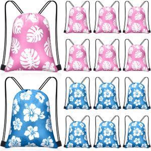 Yiyiring 16 Pcs Hawaiian Drawstring Bags Bulk 12 x 10 Inch Hibiscus Party Favors Bags Hawaii Themed Party Favors Decor for Kids Birthday Baby Shower Summer Holiday Supplies(Classic Hibiscus) (Pink Blue)