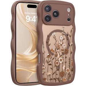 DOMAVER Floral Case for iPhone 17 Pro Max, Cute Curly Wave Edge Cases with Flower Pattern for Women Girls, [Compatible with Magsafe] Slim Fit Protective Cover for iPhone 17Pro Max 6.9 inch, Brown