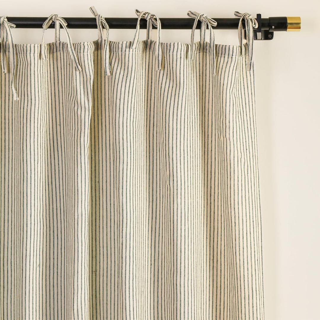 Gauze Striped Curtains, Boho Linen Gauze Tie Top Hanging Curtains Light Filtering Door Window Treatment 2 Panel Curtain Drapes for Living Room Home Dcor Green on Beige (72"x42" Each Panel)