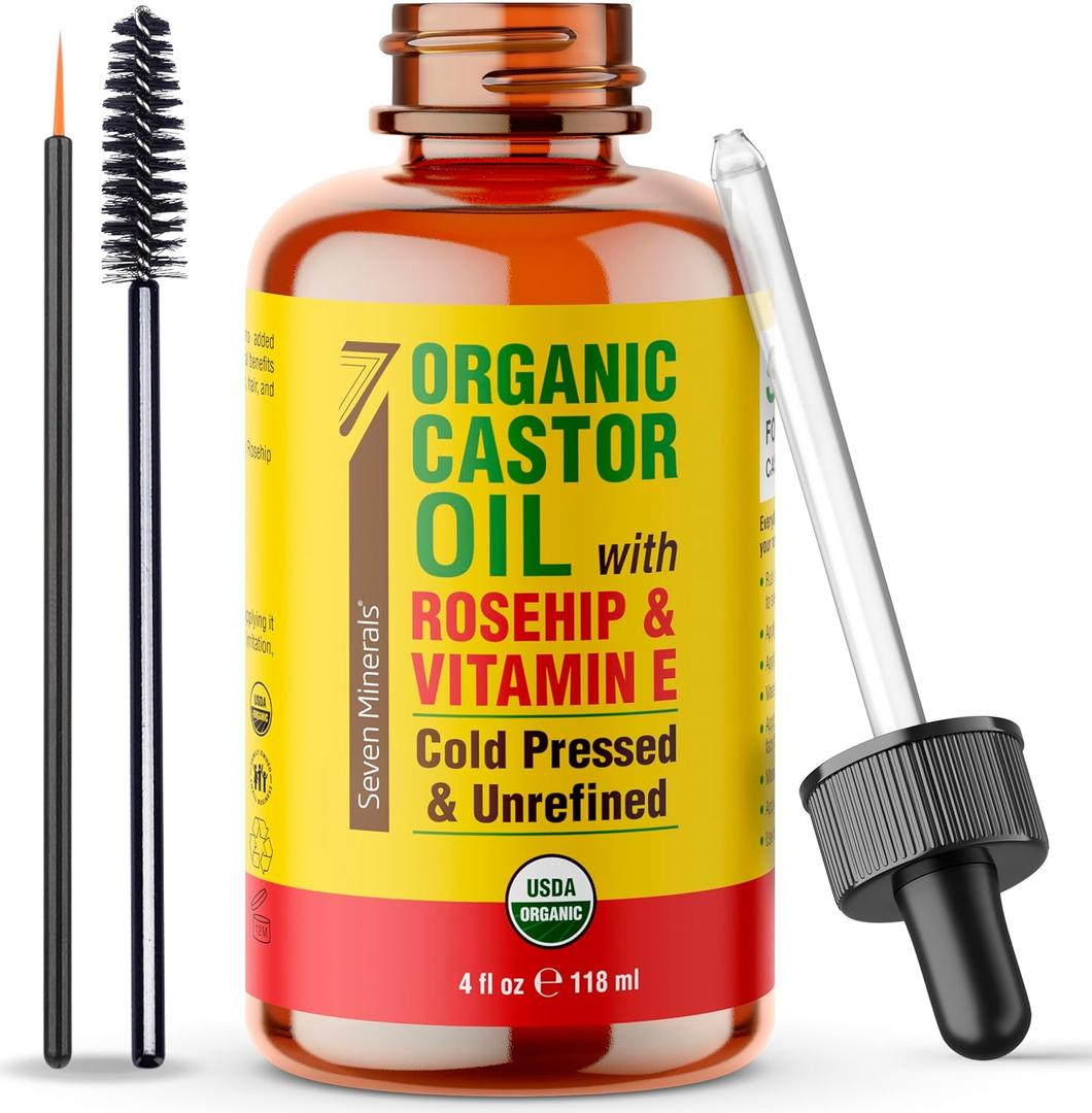 Seven Minerals Organic Castor Oil with Rosehip & Vitamin E for Eyelashes, Eyebrows, Face & Hair Growth - Glass Bottle, Cold Pressed & Hexane Free - Hydrates & Boosts Natural Hair Growth - 4 fl oz