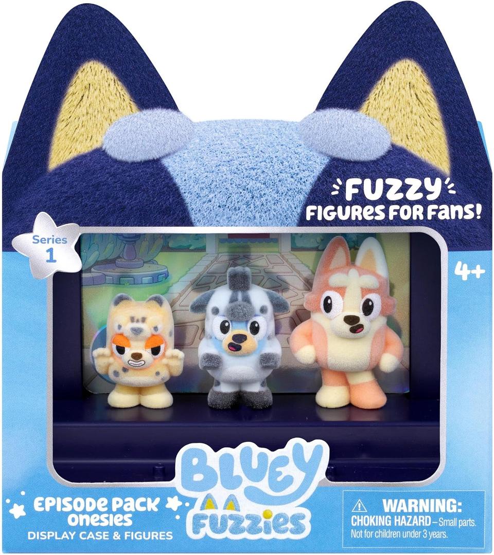 Bluey Fuzzies Episode Pack: Onesies, 3 Flocked Mini-Figures | Includes exclusive figure, display case, trading card & guide; 90+ to collect in Series 1, kids toys