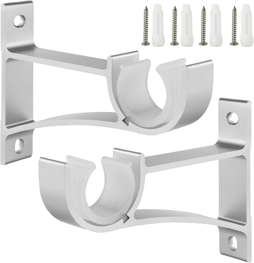 Sturdy Curtain Rod Brackets, Silver, Holds 1 Inch to 1 1/4 Inch Rods, Wall Mount, Set of 2